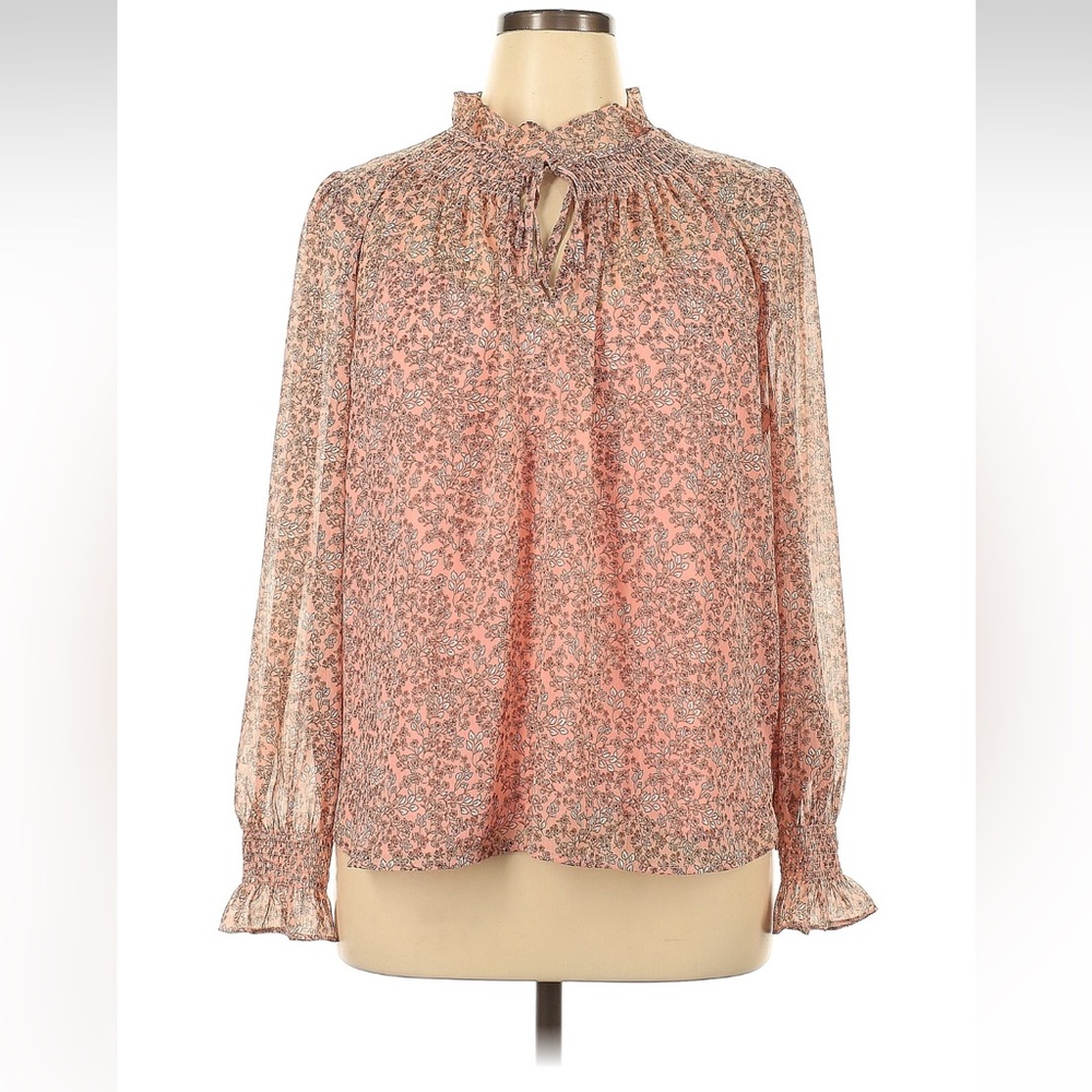 LOFT Pink Floral Smocked Ruffle Neck Blouse